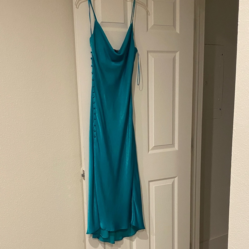 ZARA Elegant Satin Teal Spaghetti Strap Dress